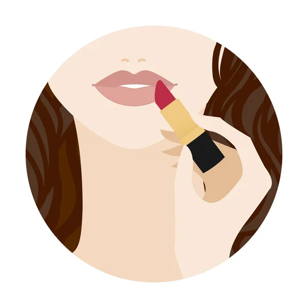 La chica se pinta los labios con lápiz labial rojo. Imagen redonda — Vector de stock