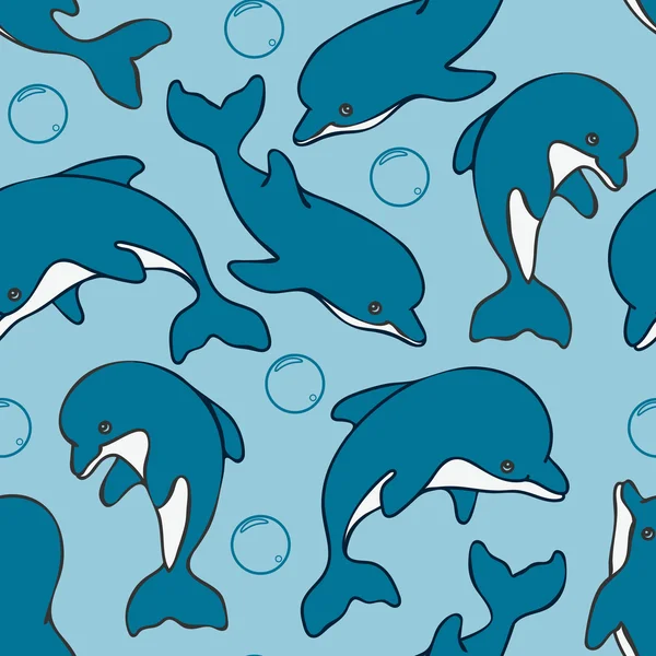 Nahtloses Muster mit Delphinen und Blasen in blauen Farben. Vecto — Stockvektor