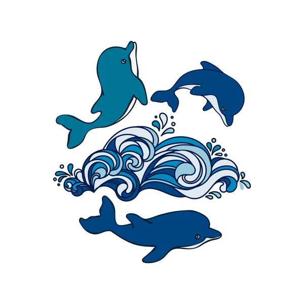 Zwei handgezeichnete Baby-Delfine springen auf der Welle, und einer ist swi — Stockvektor
