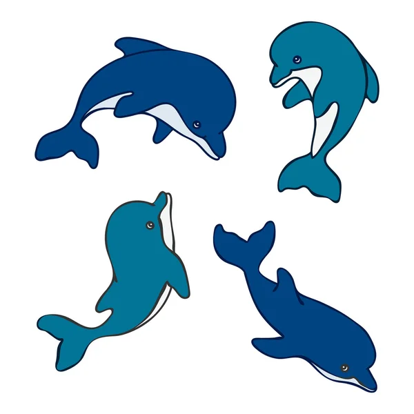 Ensemble de bébés dauphins mignons isolés. Dessiné à la main — Image vectorielle