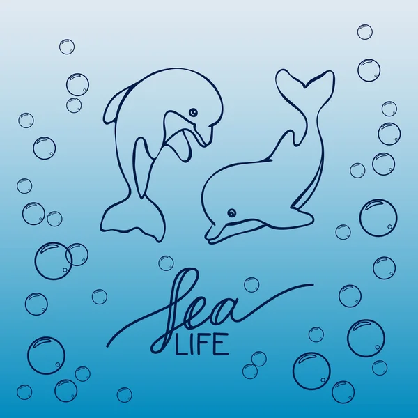 Zwei handgezeichnete Baby-Delfine, die auf der Welle springen. schwarz-weiß. — Stockvektor