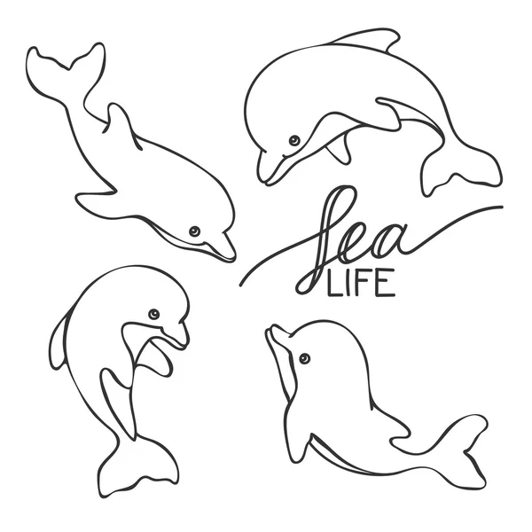 Reihe isolierter, handgezeichneter Delfine und Schriftzüge "Meeresleben" — Stockvektor