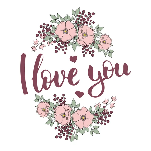 Letras dibujadas a mano "Te amo" con composición floral en pas — Vector de stock