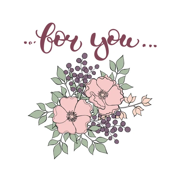 Χέρι που γράμματα "για σένα" με σύνθεση λουλουδιών σε παστέλ — Διανυσματικό Αρχείο