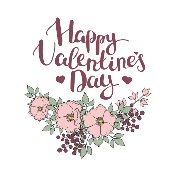 Hand drawn lettering "Happy Valentine's day" with flower composi — Stock Vector