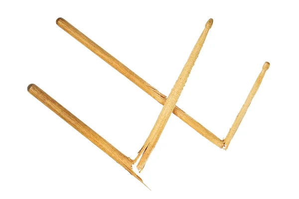 Two broken wooden drumsticks isolated on white — Stock Photo, Image