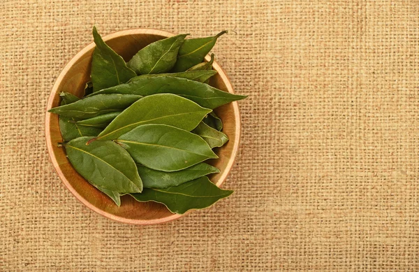 Bowl of bay leaves on burlap jute canvas — Stok Foto