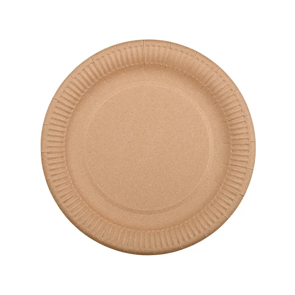 Close One Disposable Brown Paper Plate Isolated White Background Elevated — Stock Photo, Image