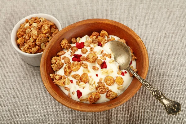 Close Portion Muesli Granola Breakfast Yogurt Fruits Berries High Angle — Stock Photo, Image
