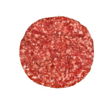 One fresh raw beef meat burger for hamburger isolated on white background, elevated top view, directly above