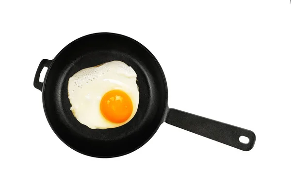 Крупним Планом Одна Сонячна Сторона Обсмажене Яйце Чорній Чавунній Сковороді — стокове фото