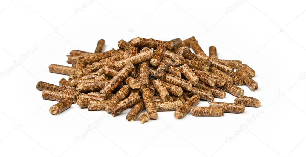 Close up pile of hardwood pellets for natural food smoking and cooking, isolated on white background, high angle view
