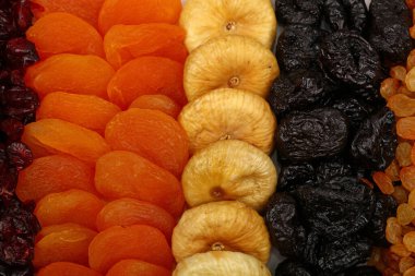 Çeşitli kurumuş meyvelerin, kuru üzümlerin, eriklerin, kayısıların, incirlerin, yüksek açılı görüntülerin arkaplan desenlerini kapat