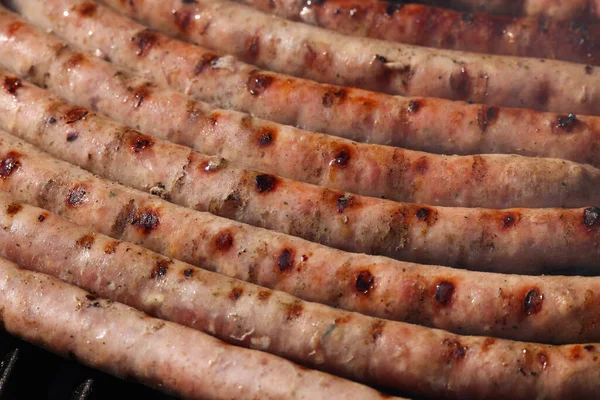 Närbild Matlagning Kött Korv Grill Rökning Och Stekning Dem Hög — Stockfoto