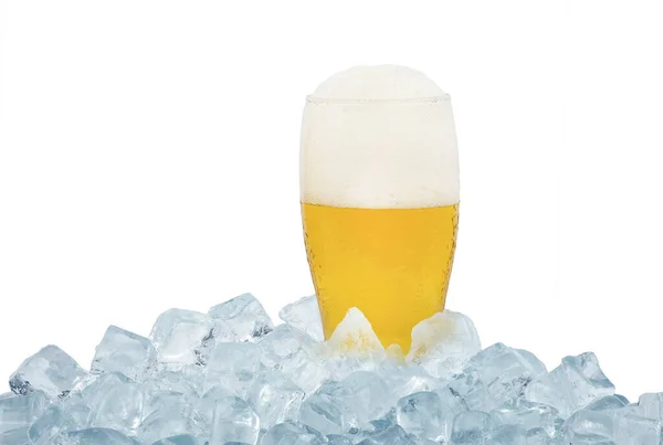 Close One Full Glass Cold Lager Beer Ice Cubes Isolated — Stock Photo, Image