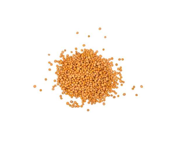 Close One Heap Wholegrain Yellow Mustard Seeds Spilled Isolated White — Stock Photo, Image