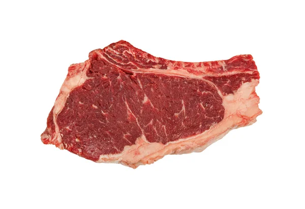 Närbild Marmorerad Ribeye Nötkött Biff Med Revben Isolerad Vit Bakgrund — Stockfoto