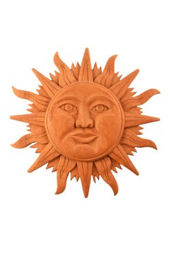 Mexican wooden carved Mayan sun symbol plate isolated on white