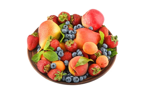 Fruits and berries mix in ceramic plate isolated on white — Stock Photo, Image