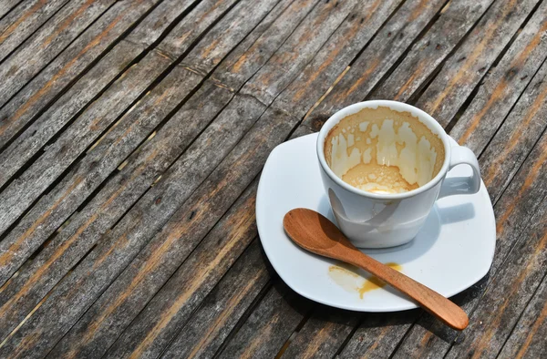 One finished cup of espresso coffee on bamboo table — Stock Photo, Image