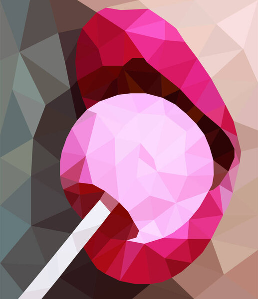 Низкая многоугольная иллюстрация девушки с красными губами, облизывающей чупа-чупы