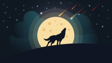 Kurt gece vektör illüstrasyonunda aya karşı uluyor.