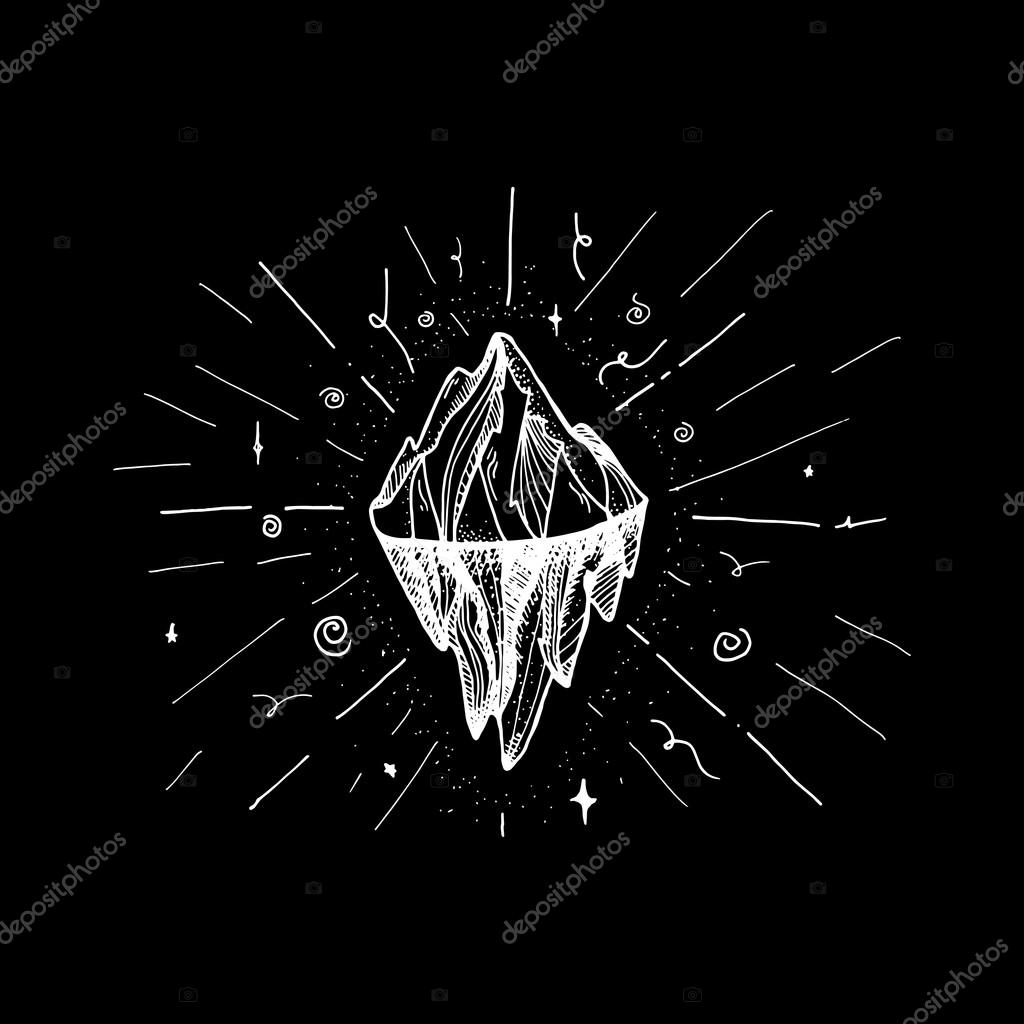 Inspirational mountain for tattoo, print, fabric, t-shirt, greeting, card.  Vintage boho hand drawn nature iceberg peak. Travel outdoors adventure sign. Motivational meditation design element. Vector