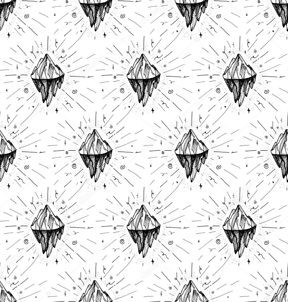 Inspirational mountain seamless pattern for print, fabric, t-shirt, greeting, card.  Vintage boho hand drawn nature iceberg peak. Travel outdoors adventure. Motivational meditation ornament. Vector