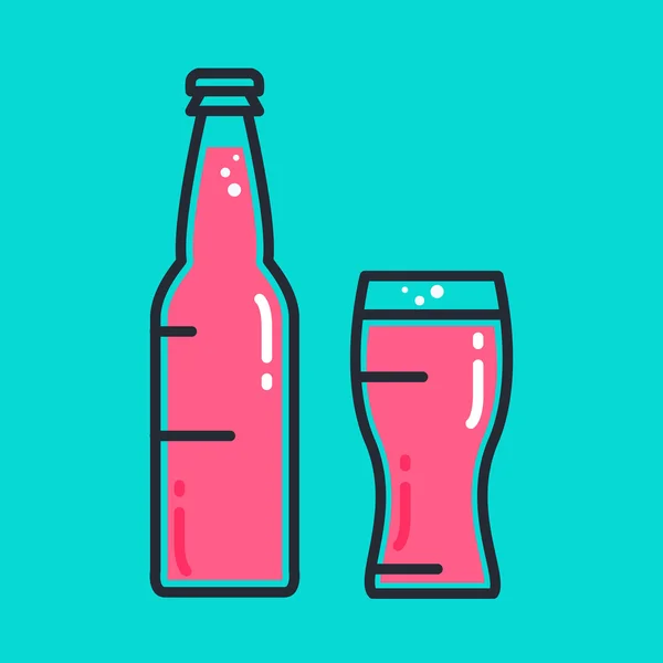 Cocktail, kall öl eller saftflaska med glas — Stock vektor
