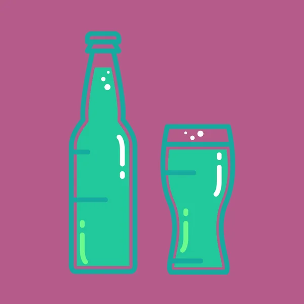 Cocktail, bière froide ou bouteille de jus avec verre — Image vectorielle