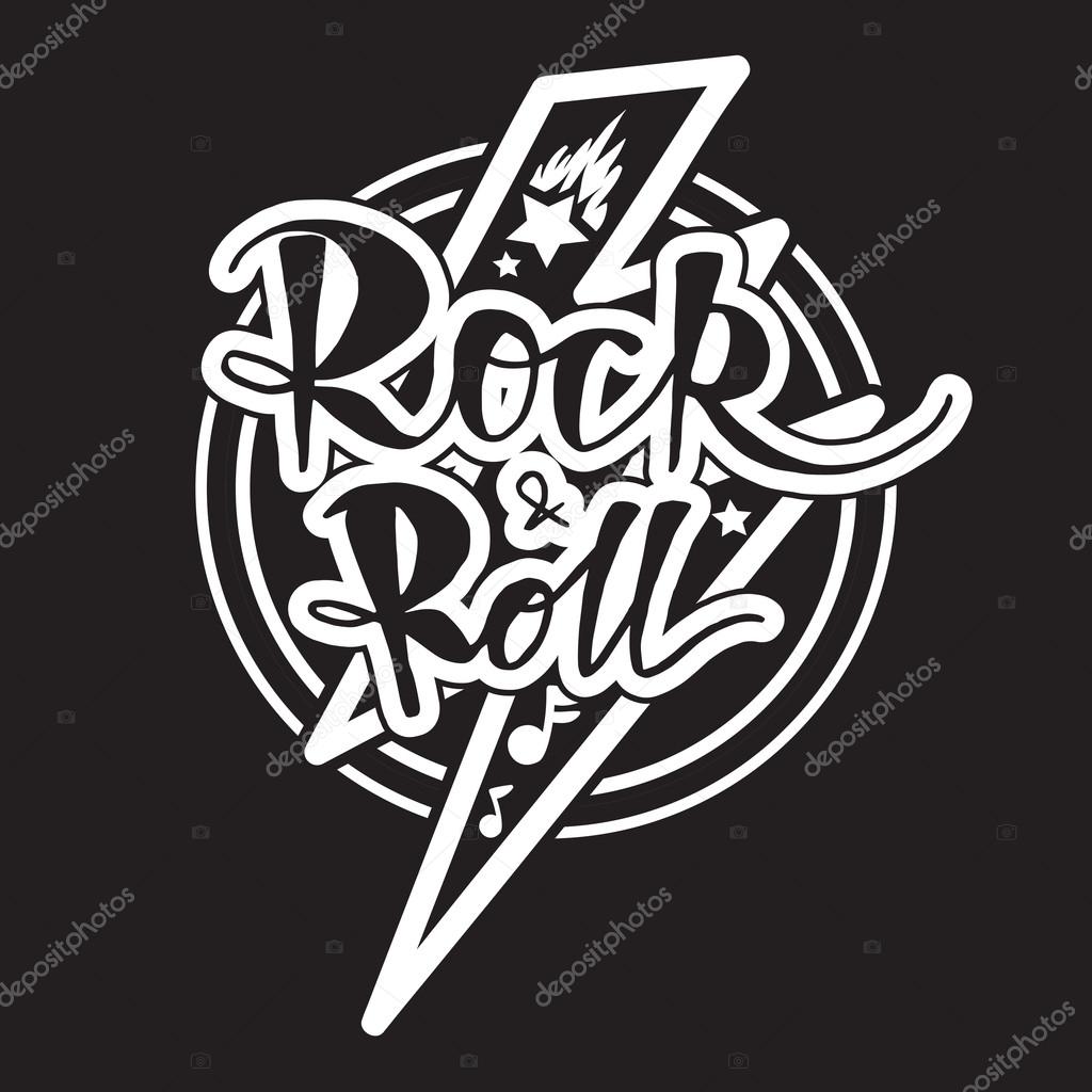 Rock and Roll Lettering for t-shirt, sticker, print, fabric, cloth. Vintage hand drawn monochrome music badge. Retro hipster sound emblem for card, concert flyer, fest, postcard, label, poster. Vector