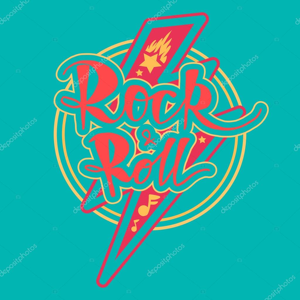 Rock and Roll Lettering for t-shirt, sticker, print, fabric, cloth. Vintage hand drawn music badge. Retro hipster musical sound emblem for card, concert flyer, fest, postcard, label, poster. Vector