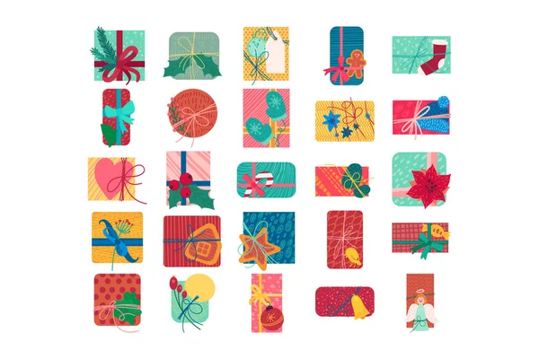 カラフルなクリスマスプレゼントボックスフラットベクトルイラスト 年賀状セット — ストックベクタ
