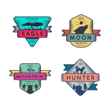 Kartal ve Dağ, Ay ve Avcı Rozetleri Set Logosu. Renkli Eşya Markası Premium Kalitesi. Wolf and Dog, Climb Hill ve Bird Siluetleri Tasarım Logotype Şablonu Düz Çizimler