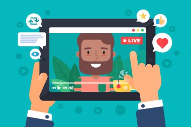 Müslüman erkek web sitesi konsepti çizimi. Arap blog yazarı çevrimiçi yayın yapıyor. Üst görüntüde canlı yayın. Tablet ellerde, yarı düz çizgi film çizimi. Vektör izole renk simgesi