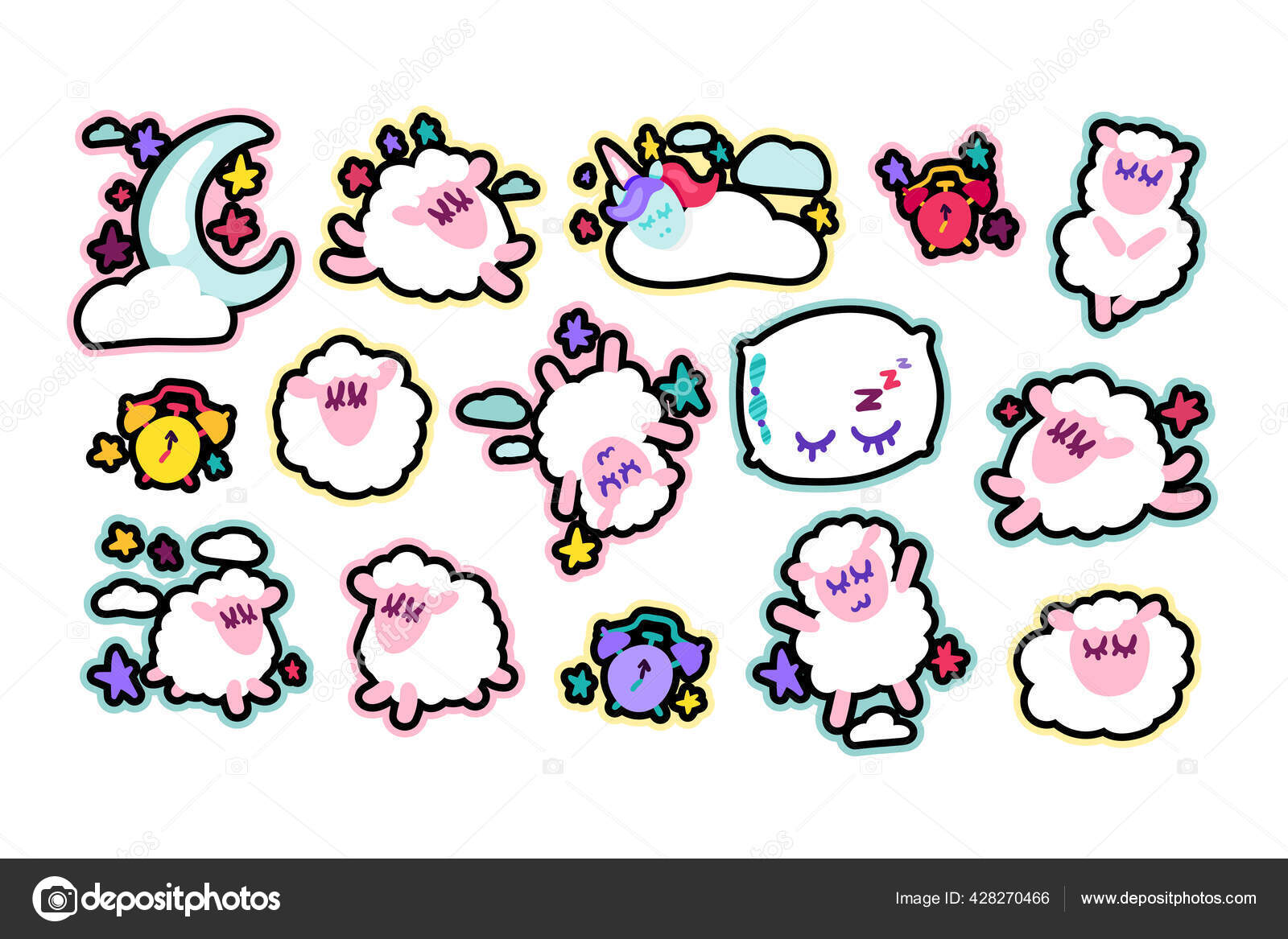 睡眠と夢のシンボルのコレクションを設定します かわいい子羊 ユニコーンと枕 目覚まし時計と月 白い背景に隔離された雲と星 グッドナイトベクターフラット漫画イラスト ストックベクター C Barsrsind