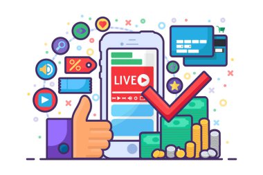 Finansal konsept düz ikon hakkında canlı yayın. İnternet üzerinden yayın fikri podcast 'i. Akıllı telefondaki geliri artırmak için yayın eğitimi. Vektör izole edilmiş taslak çizimleri