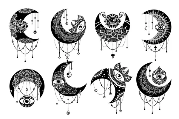 Набор Контуров Лунного Полумесяца Линейными Значками Эзотерические Духовные Этнические Талисманы — стоковый вектор