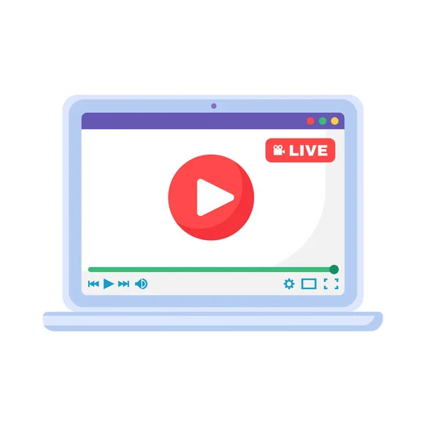 Ноутбук Кнопкою Live Stream Play Піктограмою Програми Media Device Плоский — стоковий вектор