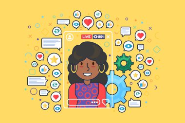 Afrikalı Amerikalı kadın flama düz renk vektör karakteri. Instagram hikayesi. Kız blogcu web grafik tasarımı için canlı yayın izole çizgi film illüstrasyonunu çekiyor