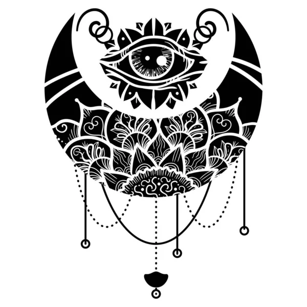 Mandala Med Blommig Prydnad Vektor Illustration Månens Kontursymbol Tredje Ögat — Stock vektor