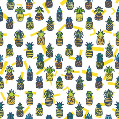 Tüm ananas vektörü kusursuz desen. Yaz sulu meyveler, tropikal duvar kağıdı, memphis arkaplanlı tekstil tasarımı.
