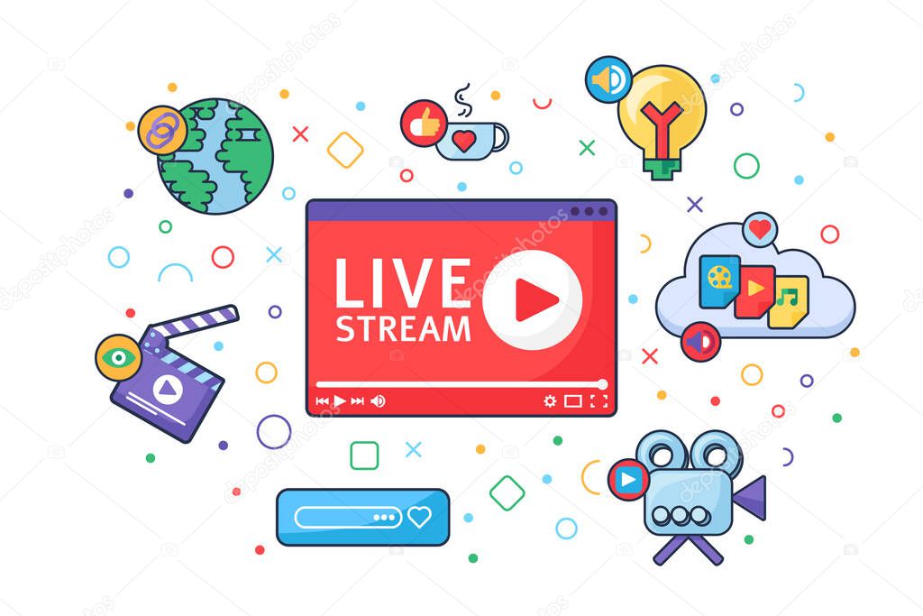 Live stream producing tools concept icon. Social media idea semi flat illustration. Online broadcast symbols. Modern cover design. Vector isolated color drawing