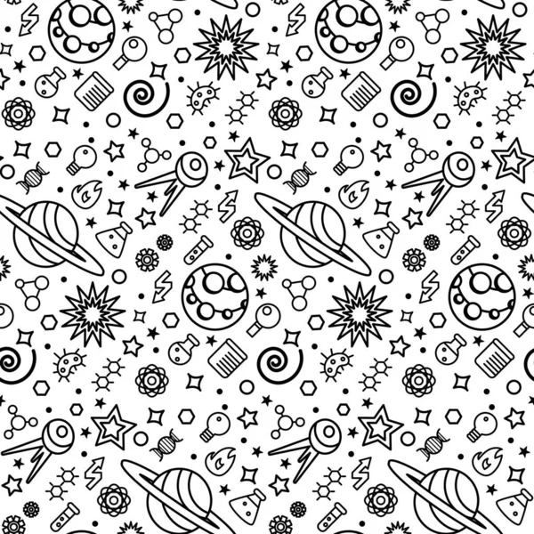 Space universe science seamless pattern vector. Saturn and jupiter planets, satellite and stars, laboratory flask for researching chemical liquid and molecule monochrome texture. Flat illustration