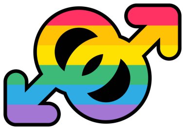 Homoseksüel lgbtqi gökkuşağı renk erkek işareti vektörü. Erkekler cinsel ilişki çizgili işaretler lgbt spektrumunu boyar. Erkek ortaklığı ve uluslararası kutlama günü düz çizgi film çizimleri.