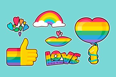 Lgbtqi gökkuşağı gururu farklı etiketler belirlenmiş vektör. El ele tutuşan balon kalp şeklinde ve el kol hareketi yapıyor. Lezbiyen, gay, biseksüel, transseksüel, sorgulama ve intersex düz çizgi film çizimi