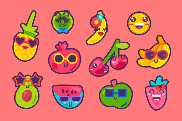 Frutti Estivi Emoji Raccolta Emozioni Insieme Vettore Anguria Fragole Ananas — Vettoriale Stock