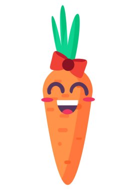 Havuç vegan bitkisi emoji mutlu duygu vektörü. Gülme vitamini, kapalı gözler, güzel kız yüzü ve yeşil yapraklı moda yayı. Komik, komik, düz çizgi film çizimi