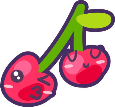 Kiraz ikizleri meyve emojisi mutlu duygu vektörü. Gülümseyen kız ya da erkek kardeş öpen meyveli tatlı, sulu vitamin tatlısı. Komik, komik, düz çizgi film çizimi