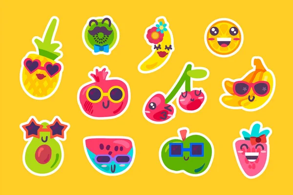 Frutas Verão Emoji Coleção Emoção Conjunto Vetor Melancia Morango Abacaxi — Vetor de Stock